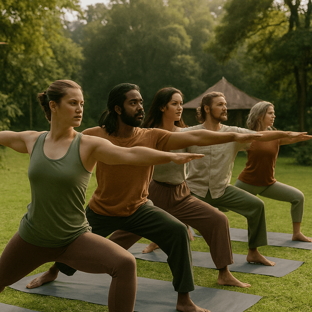 Group yoga practice in nature
